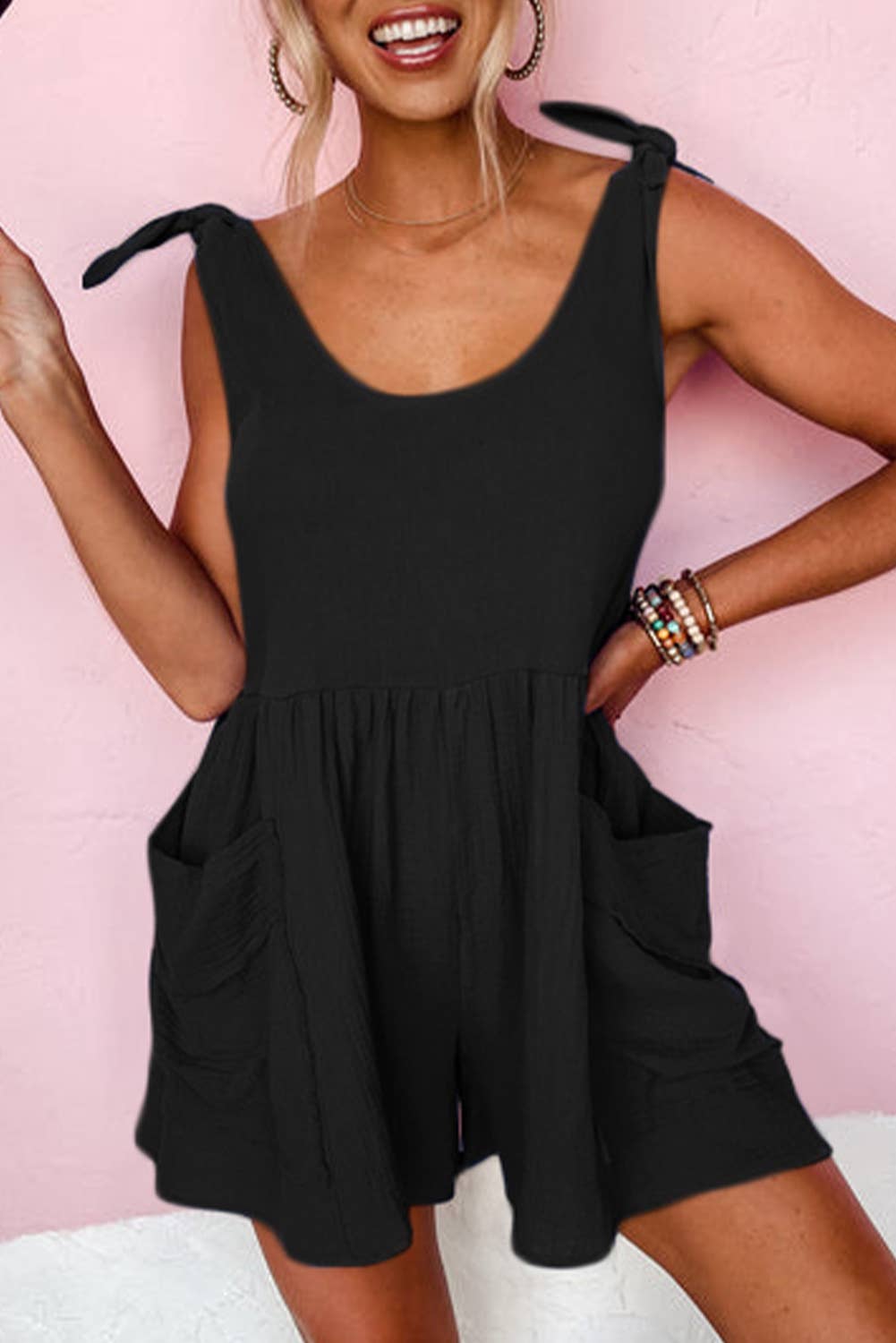 Black Textured Knotted Straps  Romper