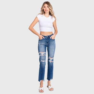 DESTROYED HIGH RISE STRETCH JEANS