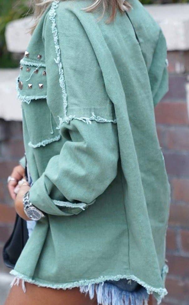 Green Frayed Trim Riveted Denim Jacket