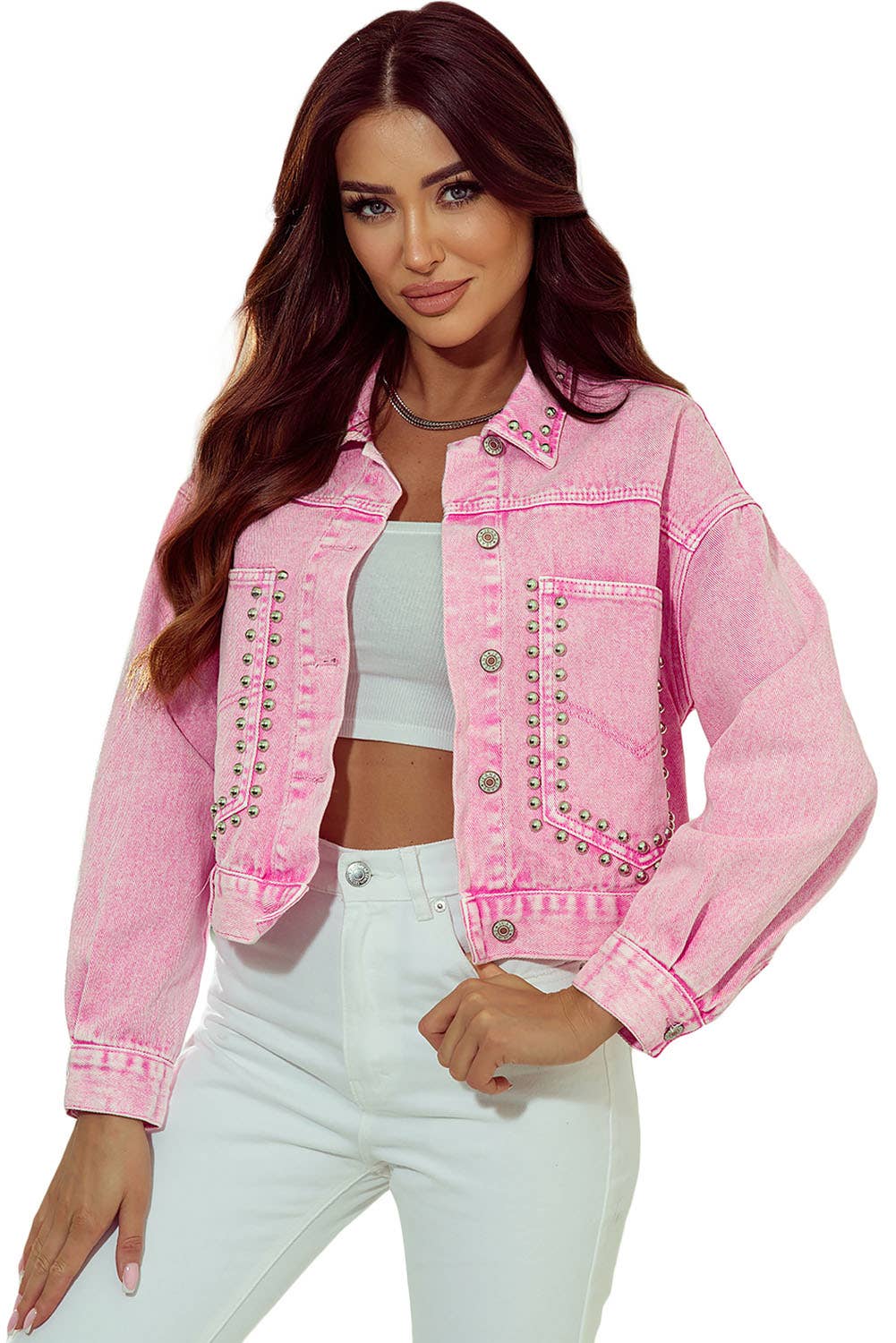 Pink Rivet Studded Pocketed Denim Jacket