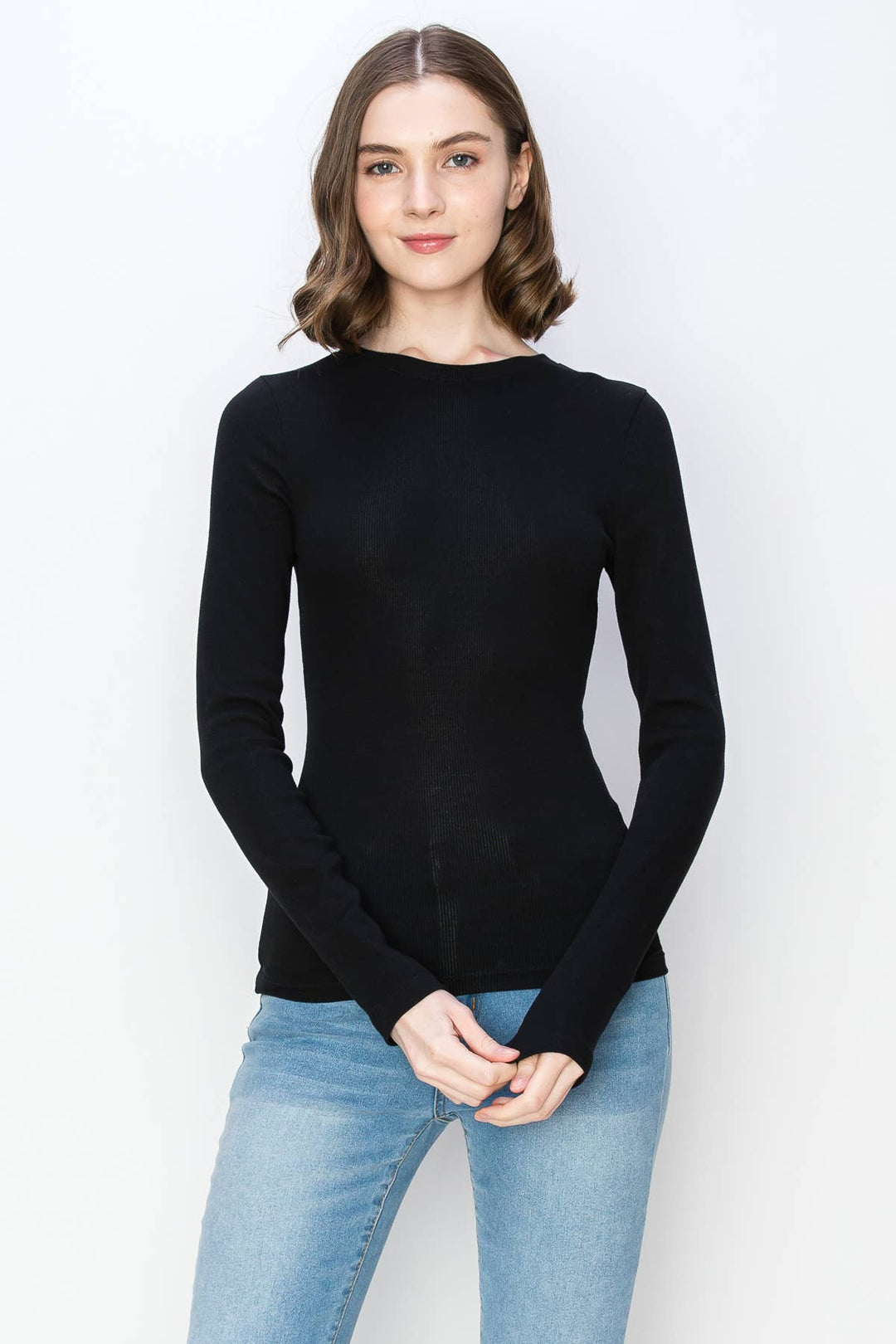 Ribbed spandex crew neck long sleeve tee