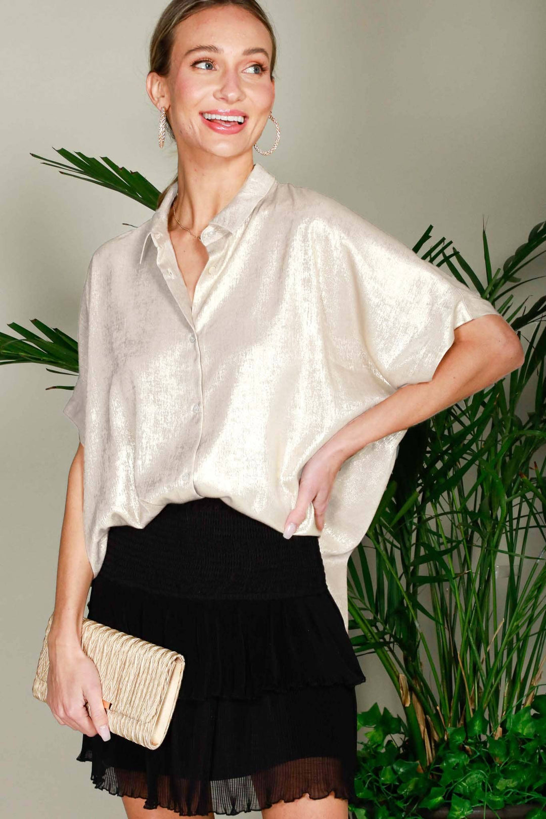 Collared Neck Button Down Metallic Woven Blouse