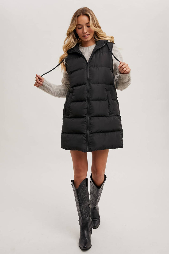 HOODED ZIPPER LONGLINE PUFFER VEST