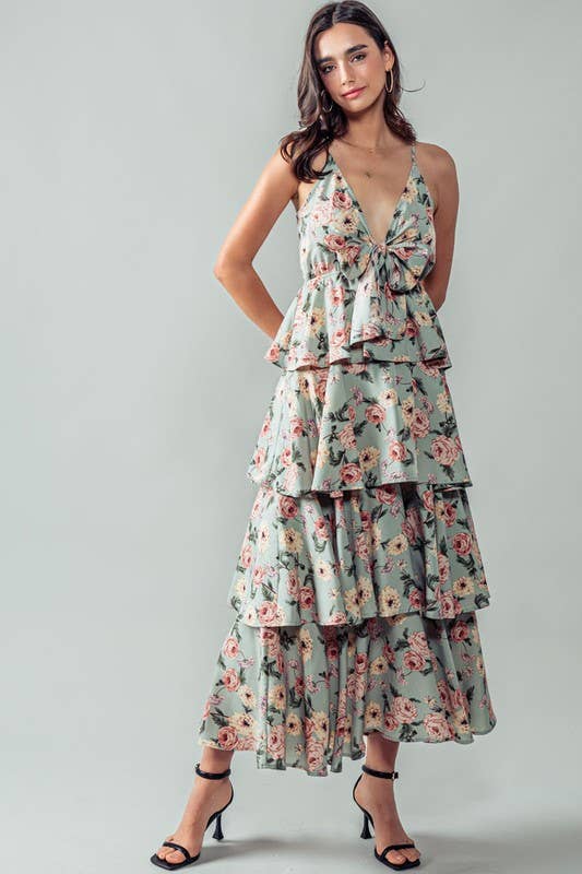 Floral Cake Midi Dress - Tie Front