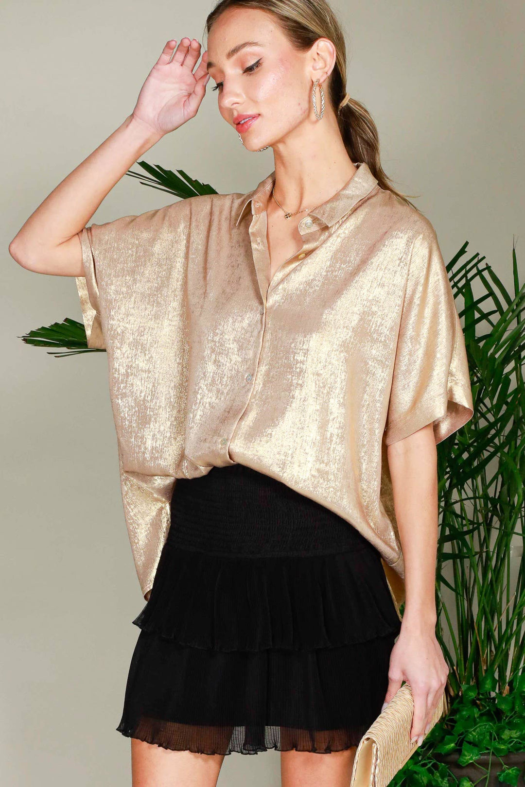 Collared Neck Button Down Metallic Woven Blouse