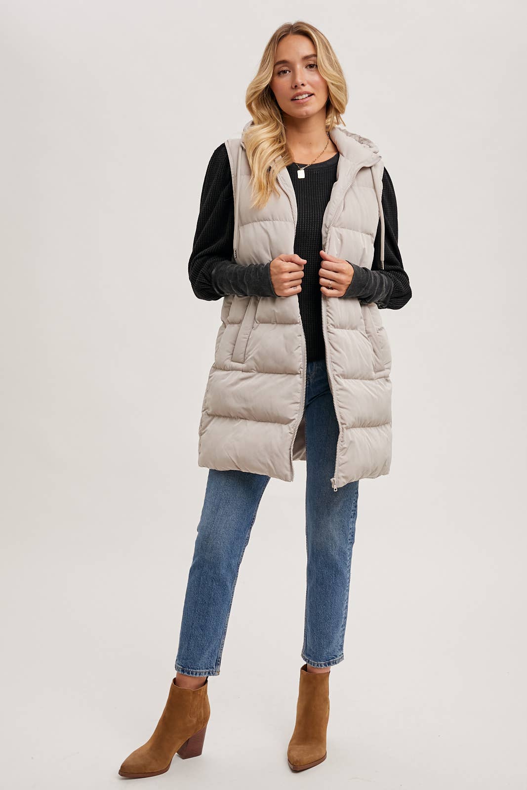 HOODED ZIPPER LONGLINE PUFFER VEST