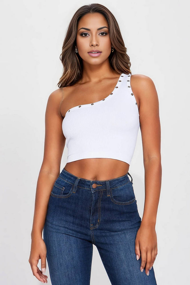 Eyelet Detail One Shoulder Crop Tank