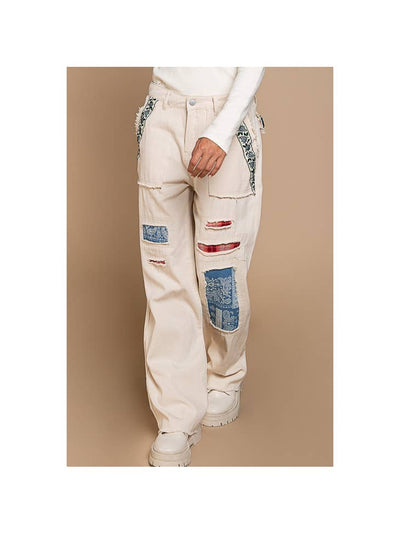 POL Oatmilk Embroidered and Patchwork Twill Pants