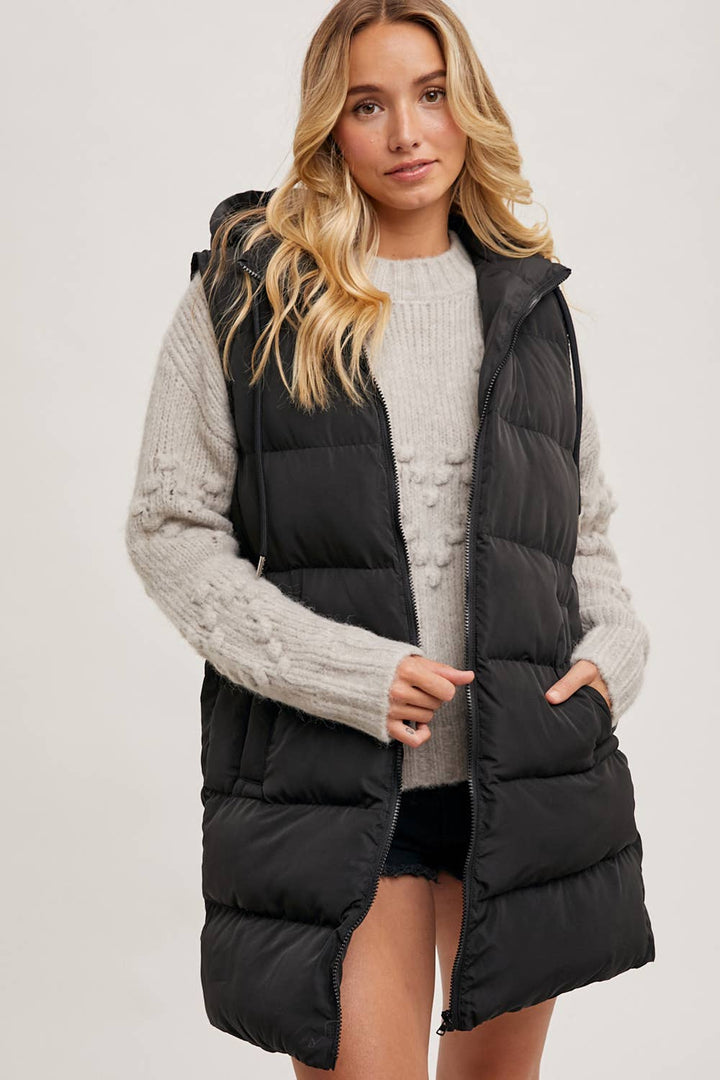 HOODED ZIPPER LONGLINE PUFFER VEST