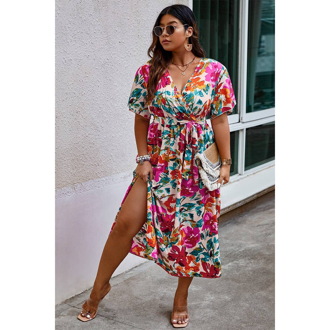 Curvy Floral Print Cross Belt Fit Dress