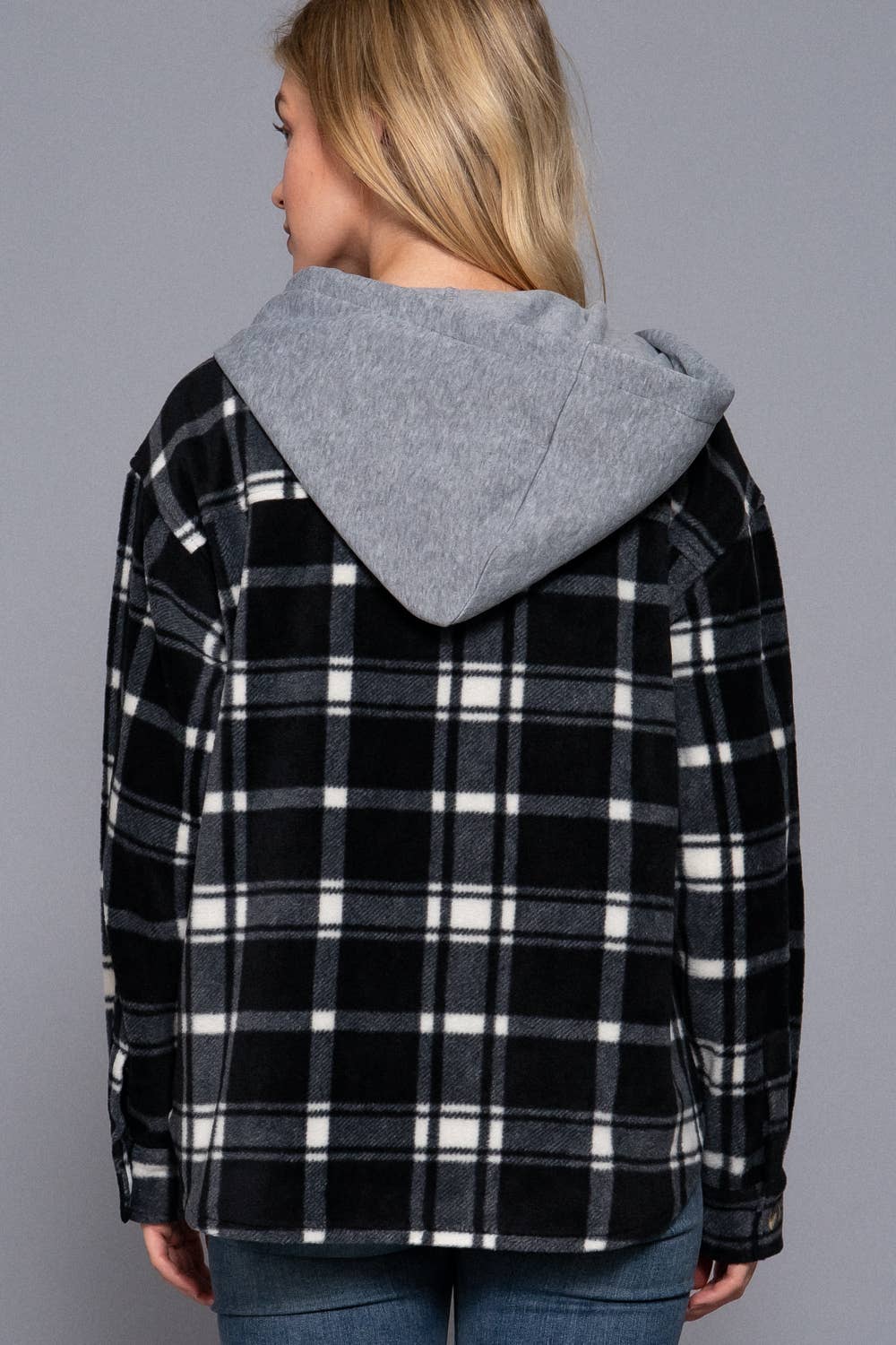 Plaid Shacket with Hoodie Fleece Jacket