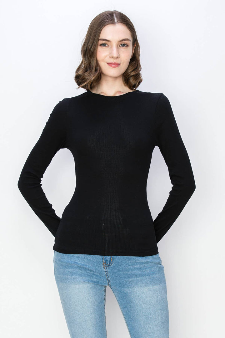 Ribbed spandex crew neck long sleeve tee