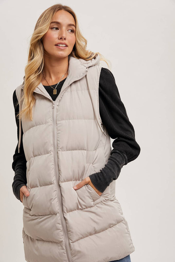 HOODED ZIPPER LONGLINE PUFFER VEST