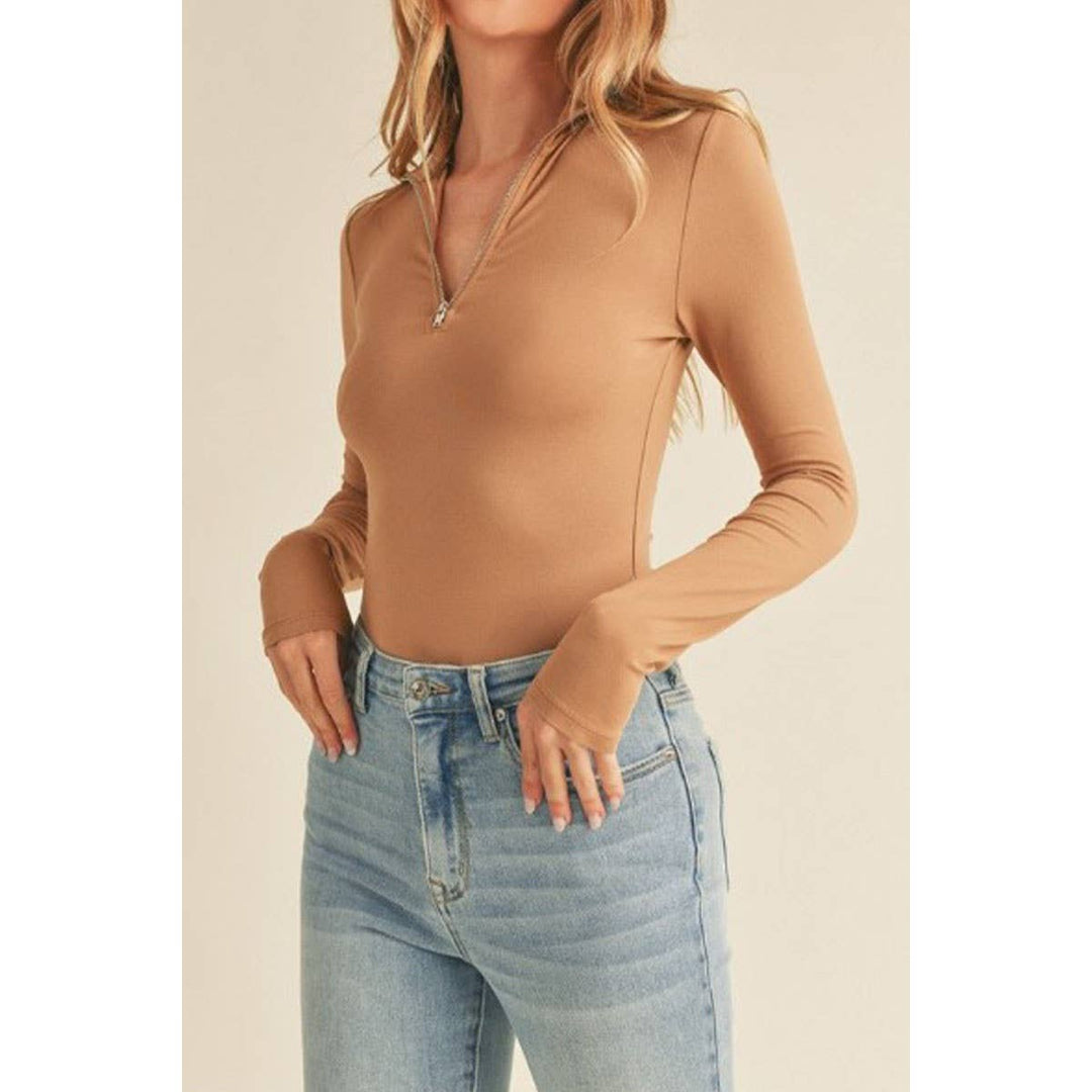 Mock Neck Half Zip Up Bodysuit