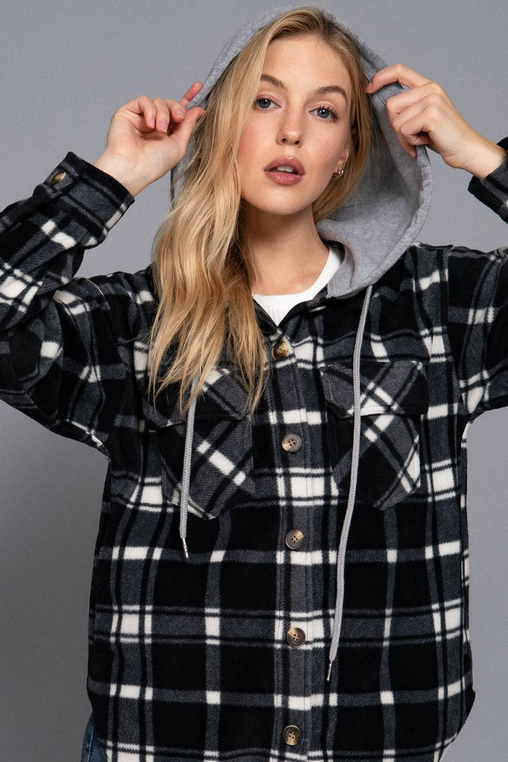 Plaid Shacket with Hoodie Fleece Jacket