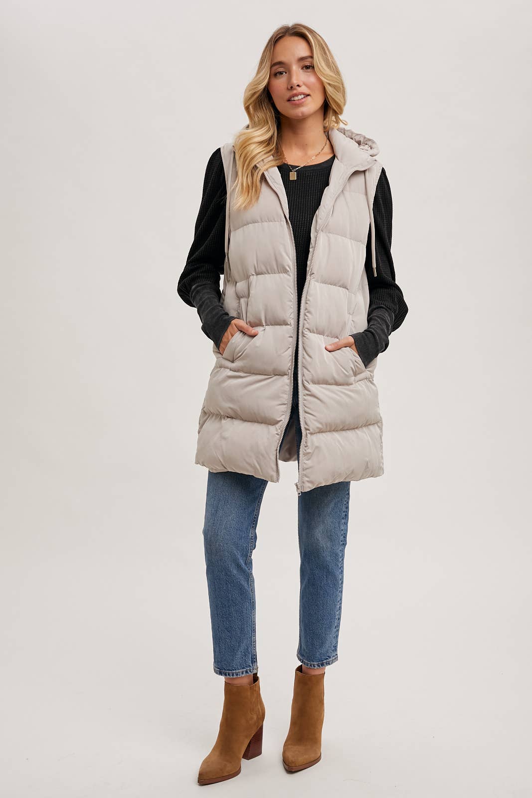 HOODED ZIPPER LONGLINE PUFFER VEST