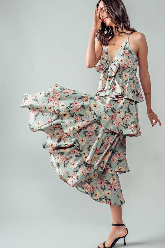 Floral Cake Midi Dress - Tie Front