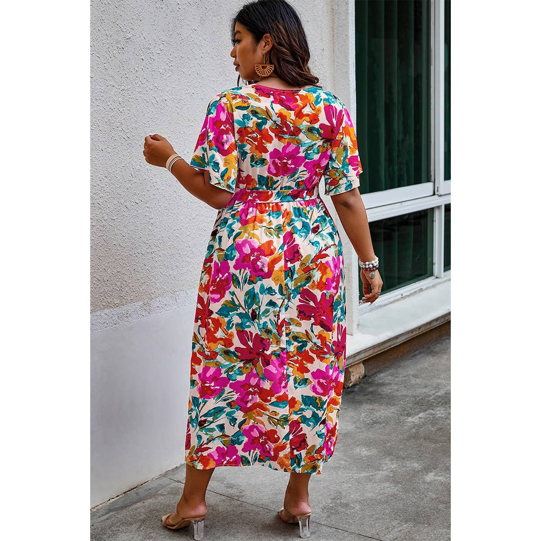 Curvy Floral Print Cross Belt Fit Dress