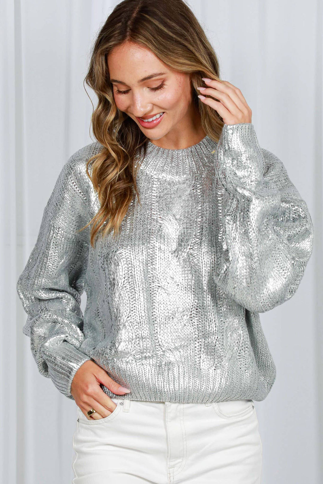 Metallic Foil Cable Knitted Crew Neck Sweater