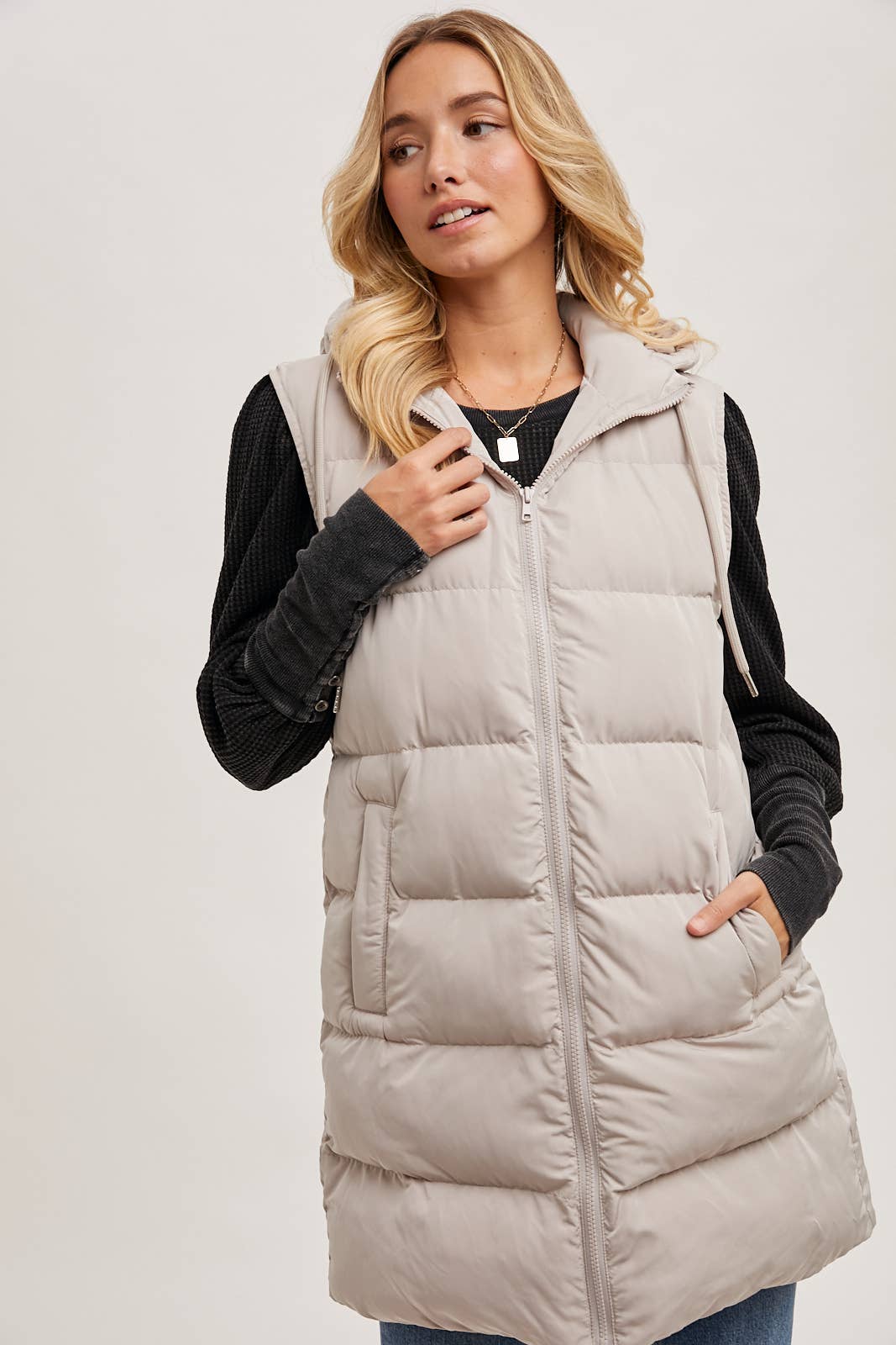 HOODED ZIPPER LONGLINE PUFFER VEST