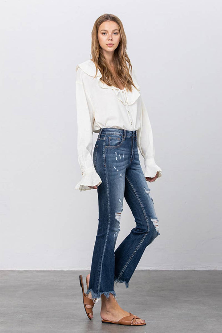 High Stretch Mid Rise Crop Flare Jeans