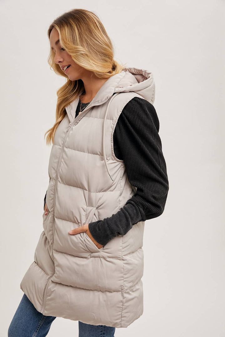 HOODED ZIPPER LONGLINE PUFFER VEST