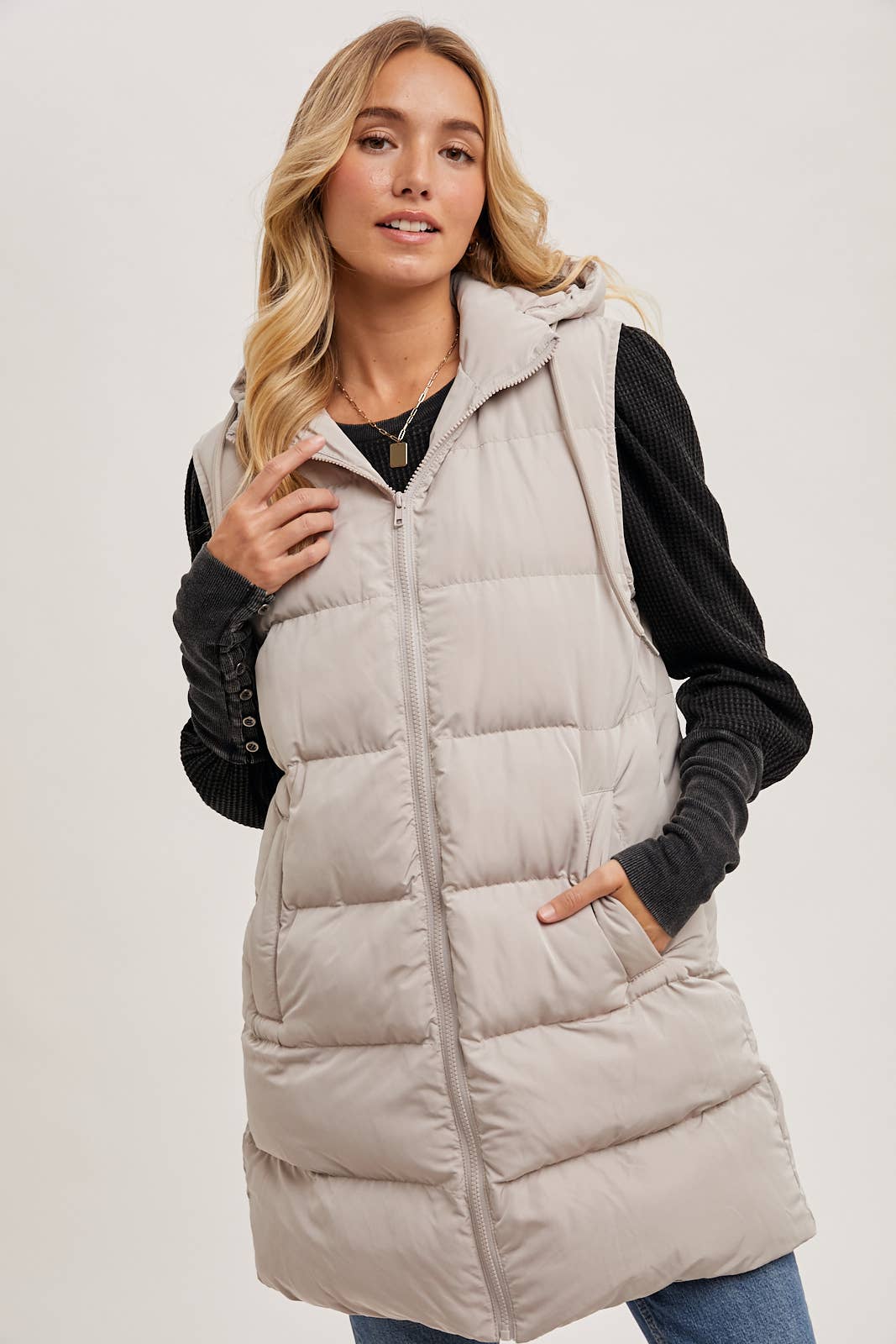 HOODED ZIPPER LONGLINE PUFFER VEST