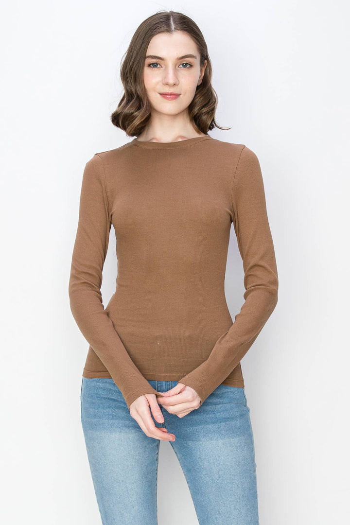 Ribbed spandex crew neck long sleeve tee