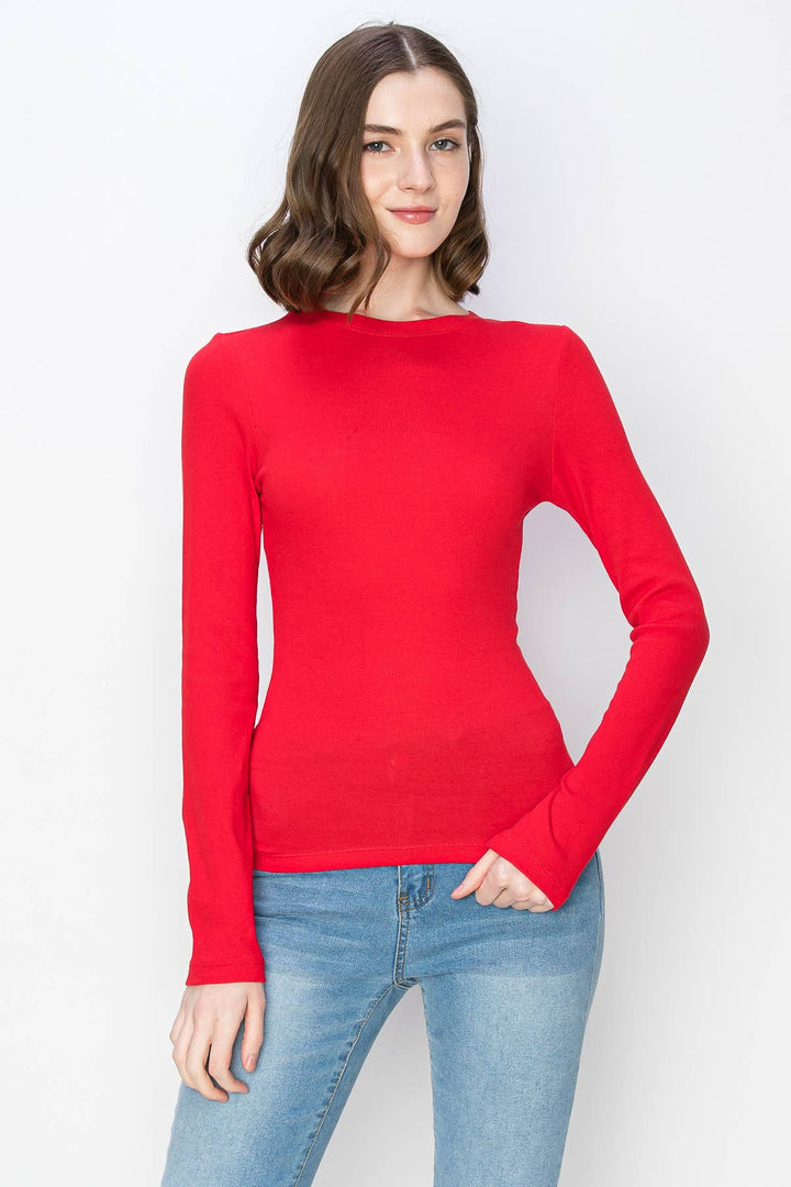 Ribbed spandex crew neck long sleeve tee