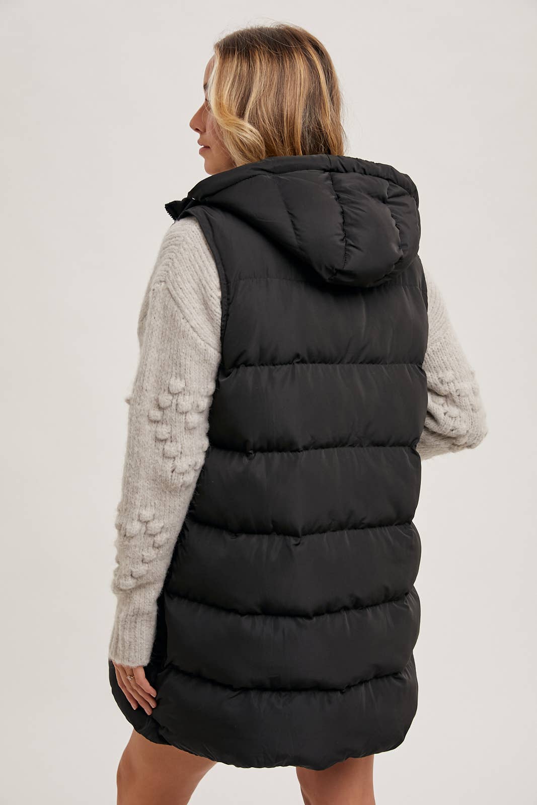 HOODED ZIPPER LONGLINE PUFFER VEST