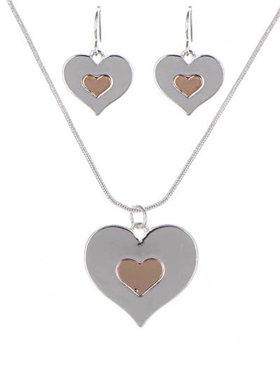 Silver/Rose gold Heart in Heart Pendant Set