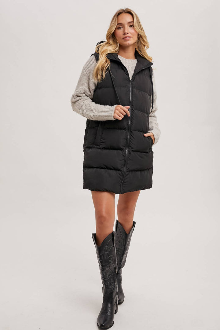 HOODED ZIPPER LONGLINE PUFFER VEST