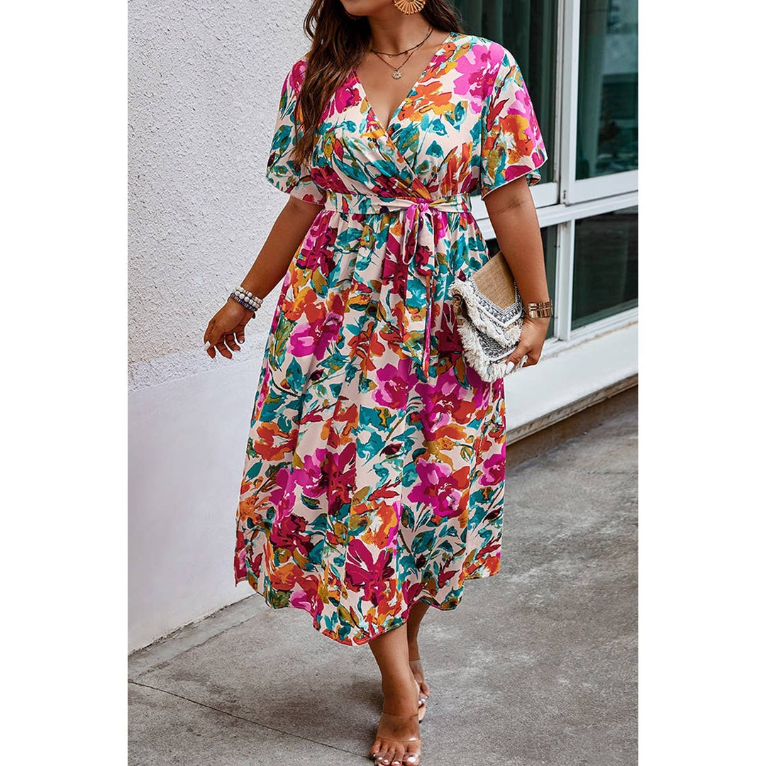 Curvy Floral Print Cross Belt Fit Dress