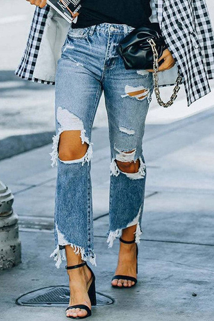 Ripped Knee Hole High Waist Jeans