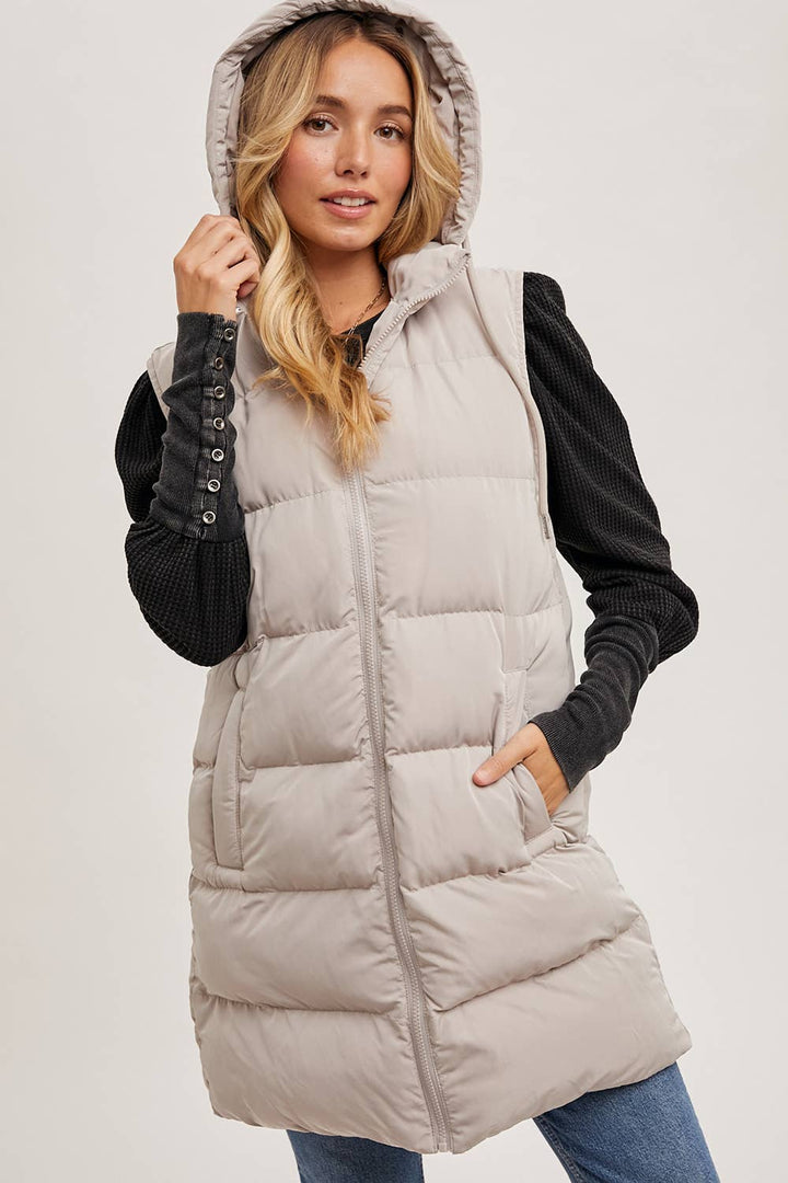 HOODED ZIPPER LONGLINE PUFFER VEST