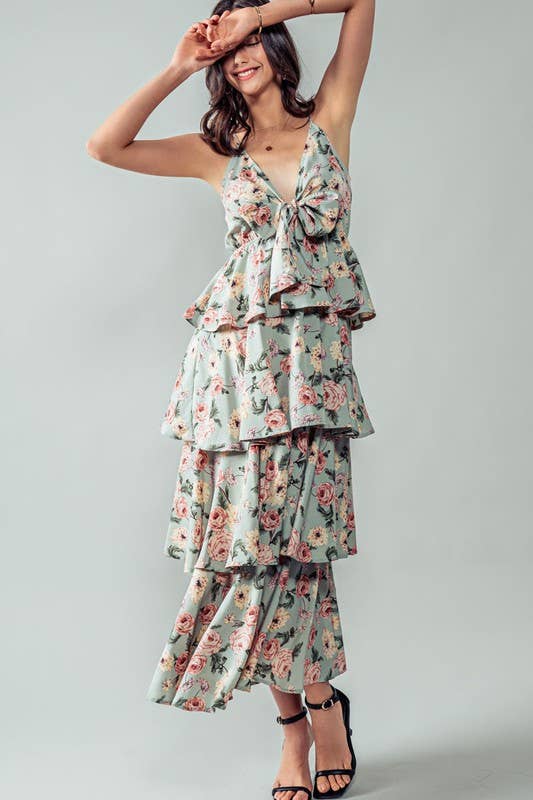 Floral Cake Midi Dress - Tie Front