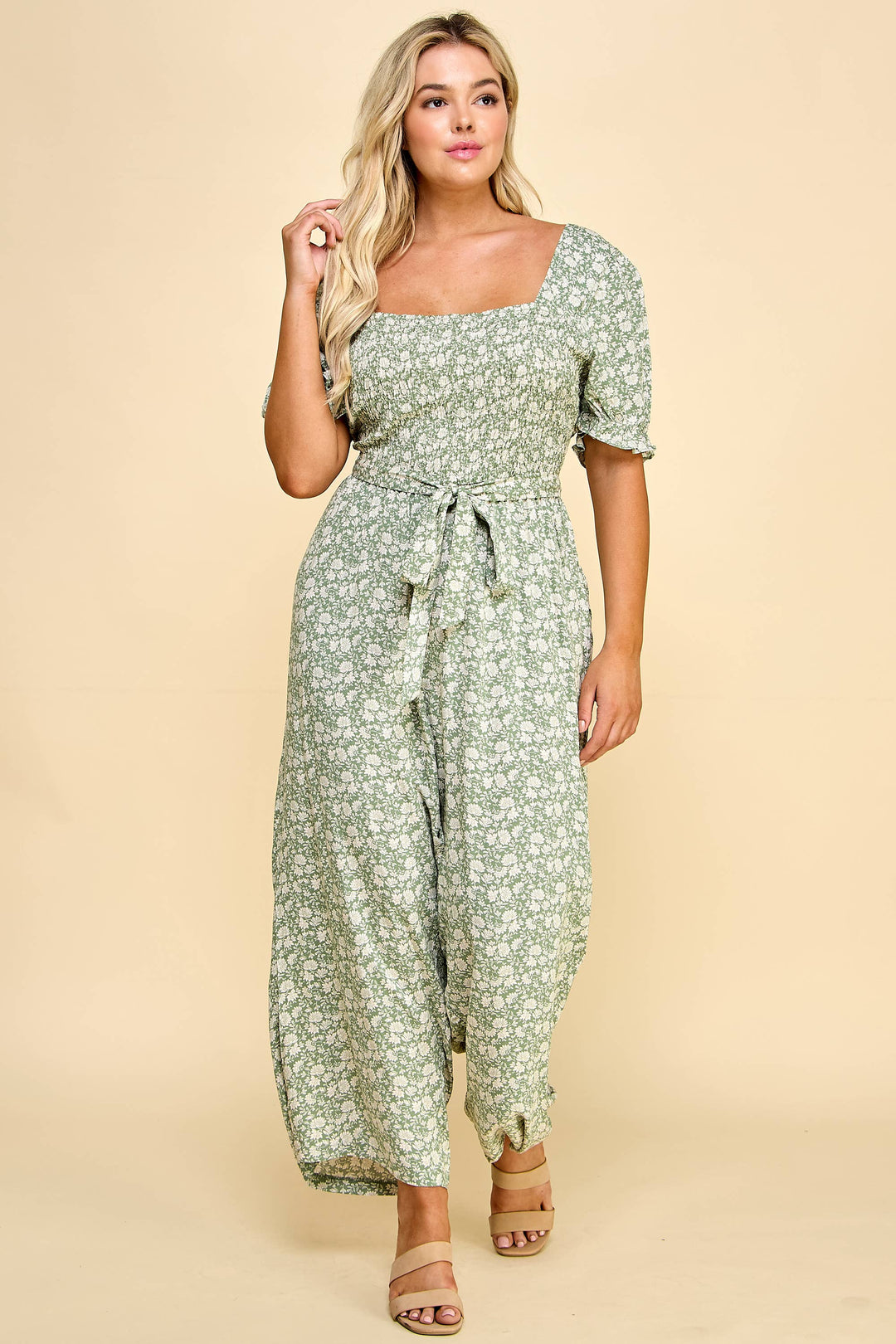 CURVY SMOCKED GAUCHO JUMPSUIT