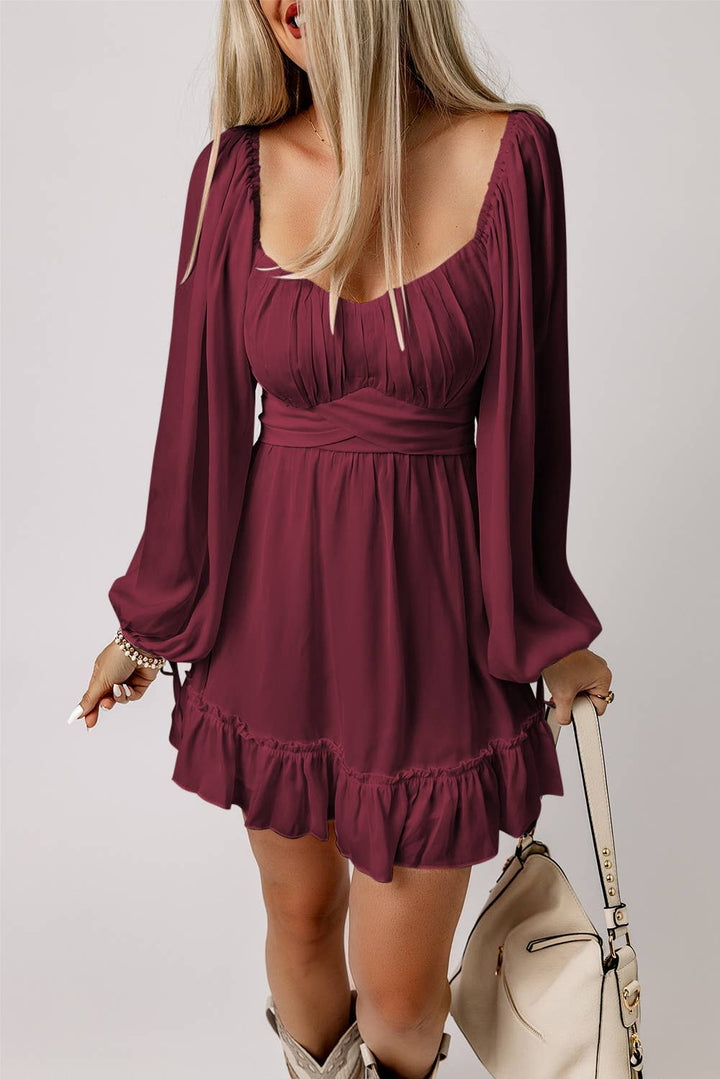 Ruffled High Waist Square Neck Mini Dress