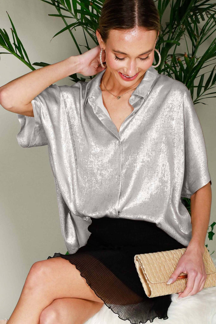 Collared Neck Button Down Metallic Woven Blouse