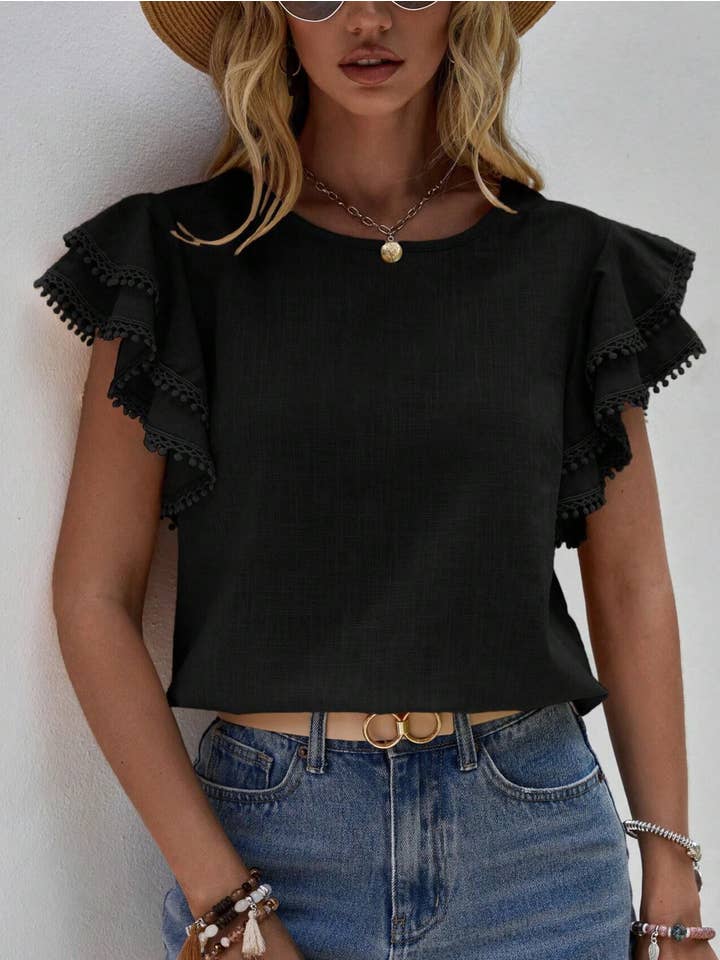 Round Neck Loose Ruffle Short Sleeved Top