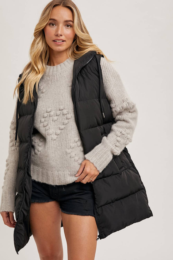 HOODED ZIPPER LONGLINE PUFFER VEST