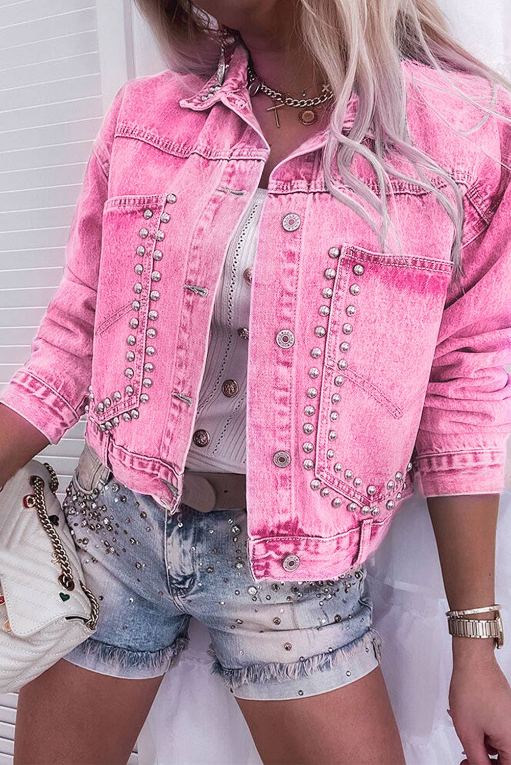 Pink Rivet Studded Pocketed Denim Jacket