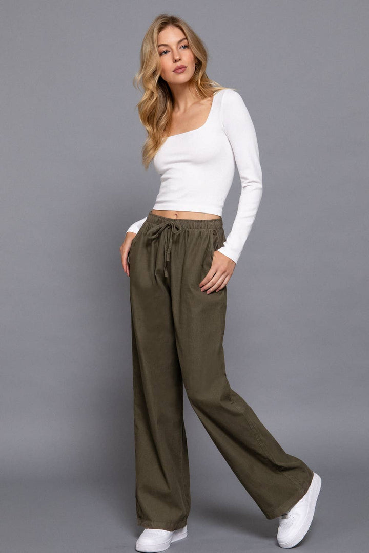 Elastic Waist Corduroy Long Pants