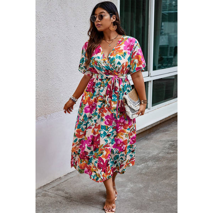 Curvy Floral Print Cross Belt Fit Dress