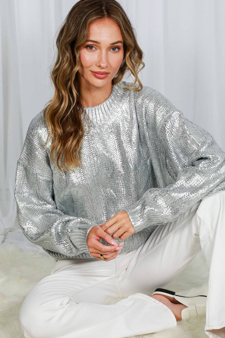 Metallic Foil Cable Knitted Crew Neck Sweater