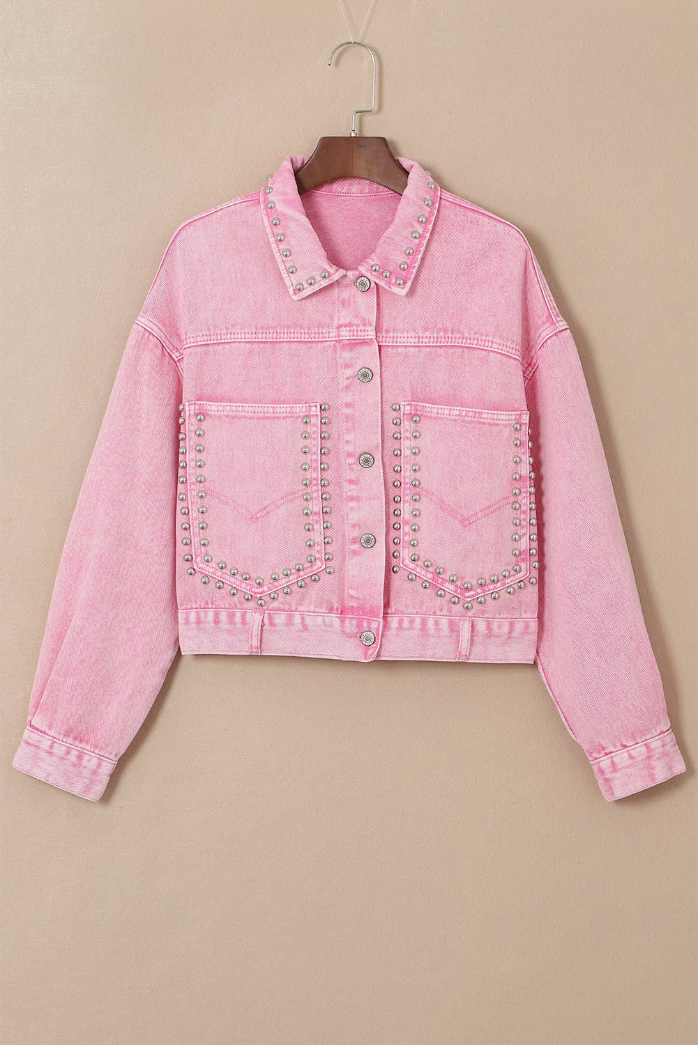 Pink Rivet Studded Pocketed Denim Jacket