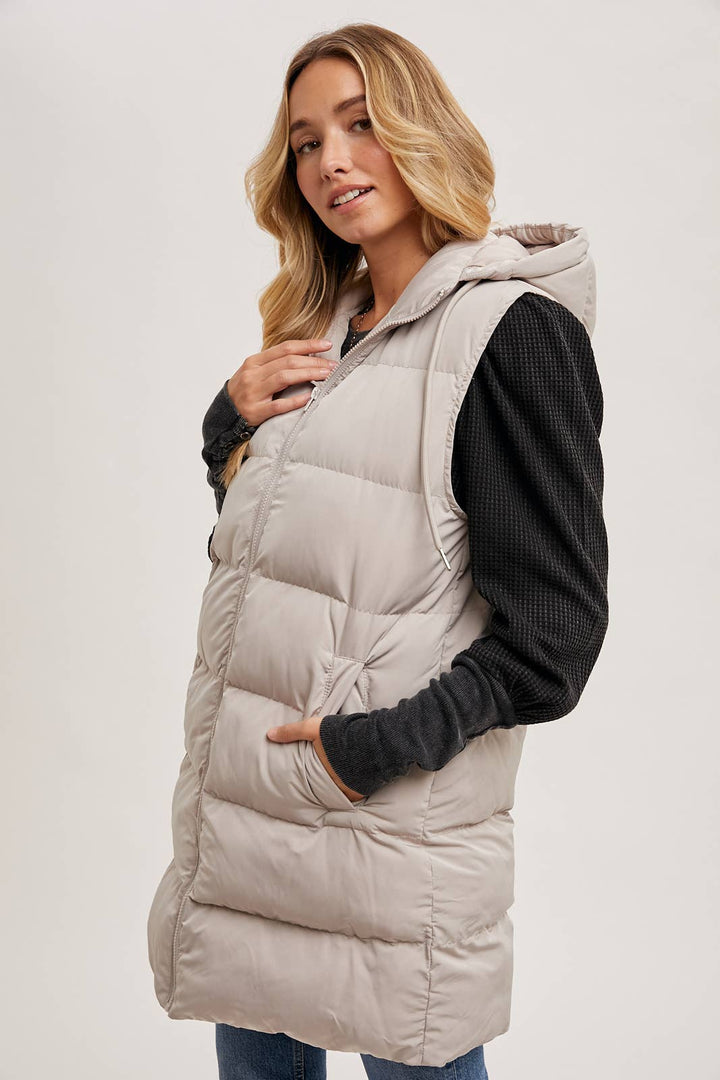 HOODED ZIPPER LONGLINE PUFFER VEST