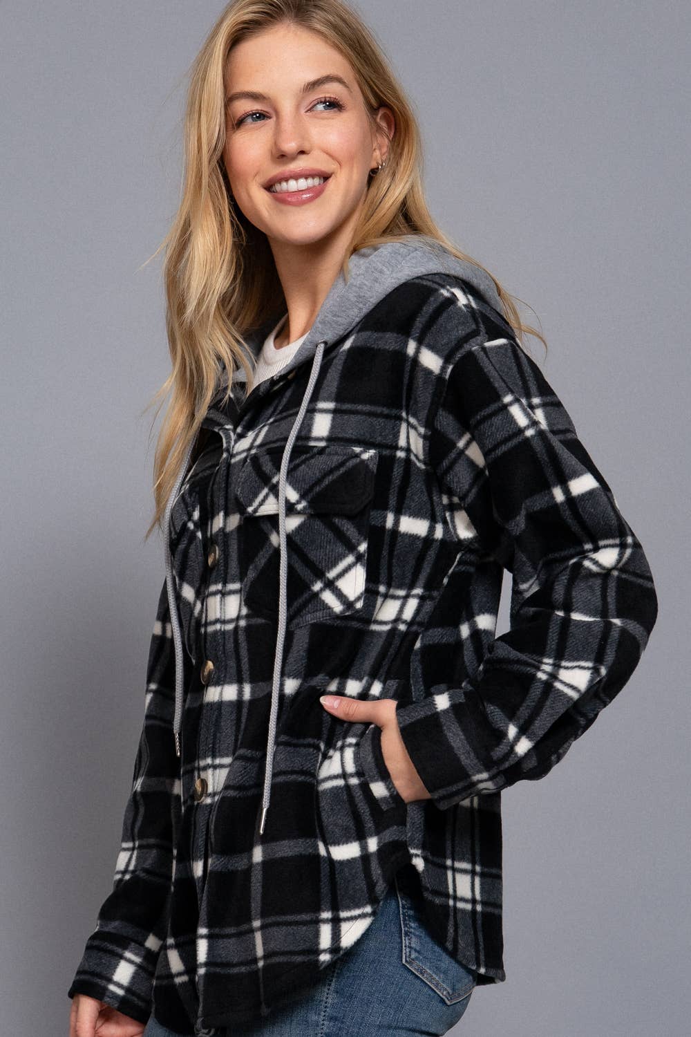 Plaid Shacket with Hoodie Fleece Jacket