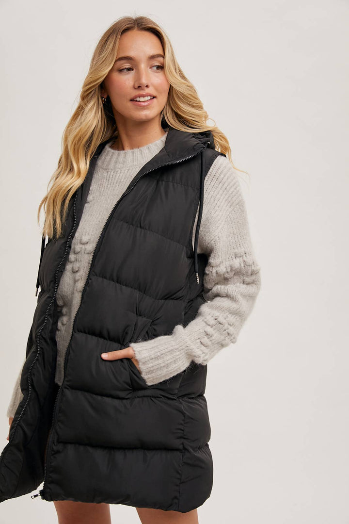 HOODED ZIPPER LONGLINE PUFFER VEST