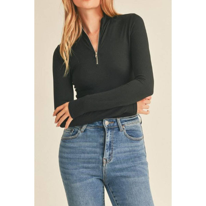 Mock Neck Half Zip Up Bodysuit